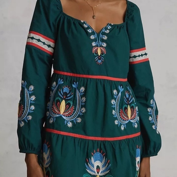 NWT Anthropologie  Let Me Be Green Embroidered Tunic Dress - Picture 9 of 12